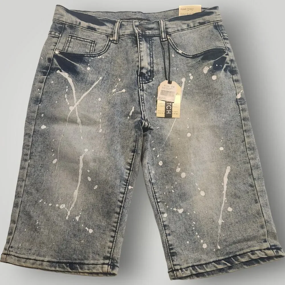 NWT Trestles Supply Men's 28 Blue Medium Wash White Paint Splatter Denim Shorts - Picture 1 of 16